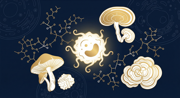 Champignons adaptogènes et système immunitaire - illustration scientifique avec cellules NK et bêta-glucanes