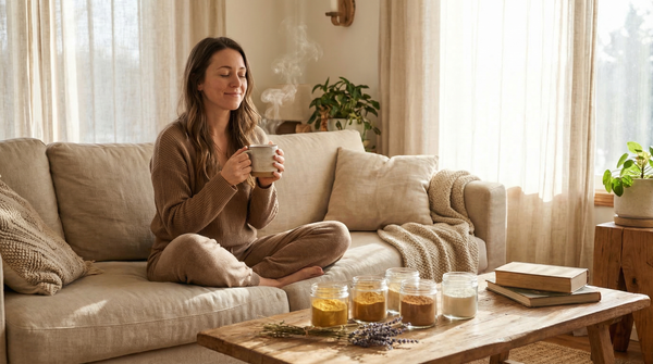 Femme tenant une tasse avec des poudres de champignons adaptogènes dans une ambiance zen et chaleureuse