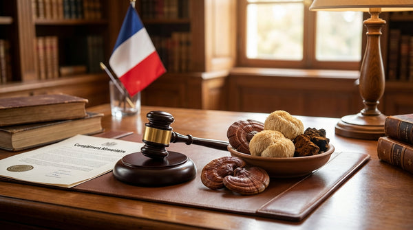 Champignons adaptogènes et législation française — gavel, champignons médicinaux et drapeau français