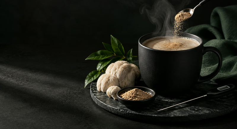 Extrait de champignon versé dans une boisson chaude