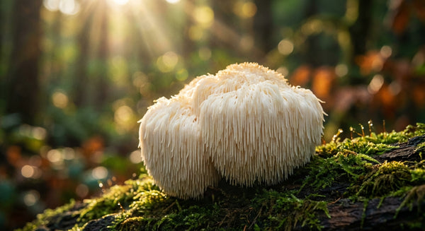 Champignon Lion's Mane (Hericium erinaceus) dans une forêt avec lumière dorée