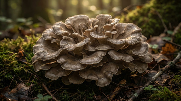 Maitake (Grifola frondosa) — champignon adaptogène aux chapeaux gris-brun superposés en forêt
