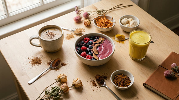 Routine adaptogène : café Lion's Mane le matin, thé Chaga le midi, latte Reishi le soir