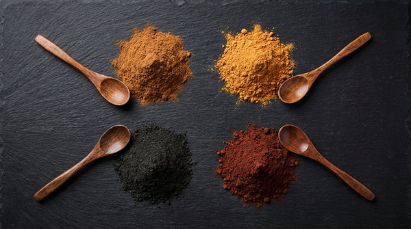 Quatre poudres d'extraits de champignons adaptogènes (Lion's Mane, Cordyceps, Reishi, Chaga) disposées sur une surface en ardoise