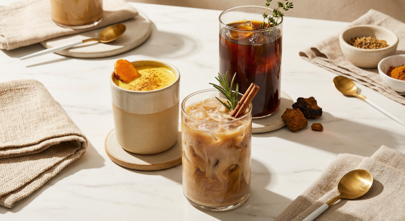 Boissons fonctionnelles aux champignons adaptogènes - mushroom coffee, chaga cold brew et moon milk au reishi