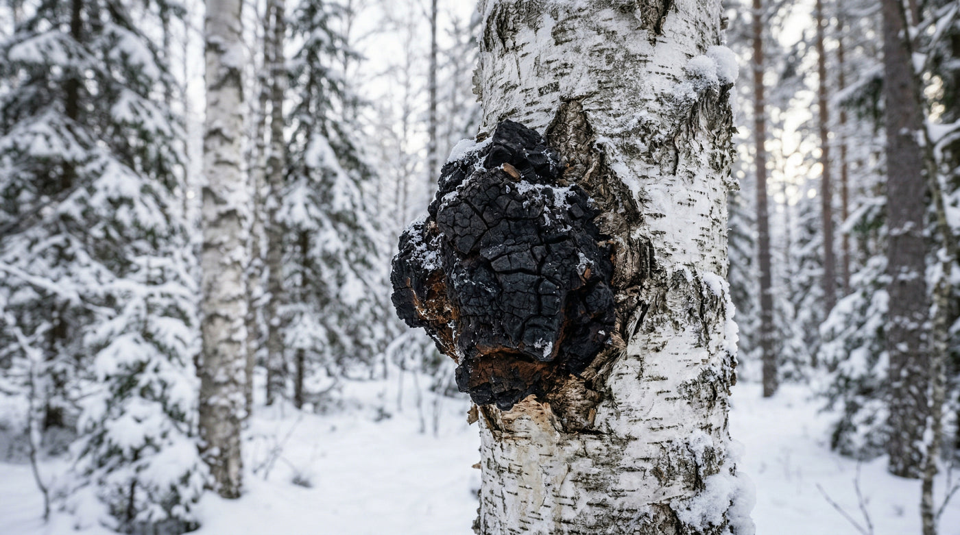 Chaga (Inonotus obliquus) sur bouleau — études scientifiques cancer et champignons adaptogènes