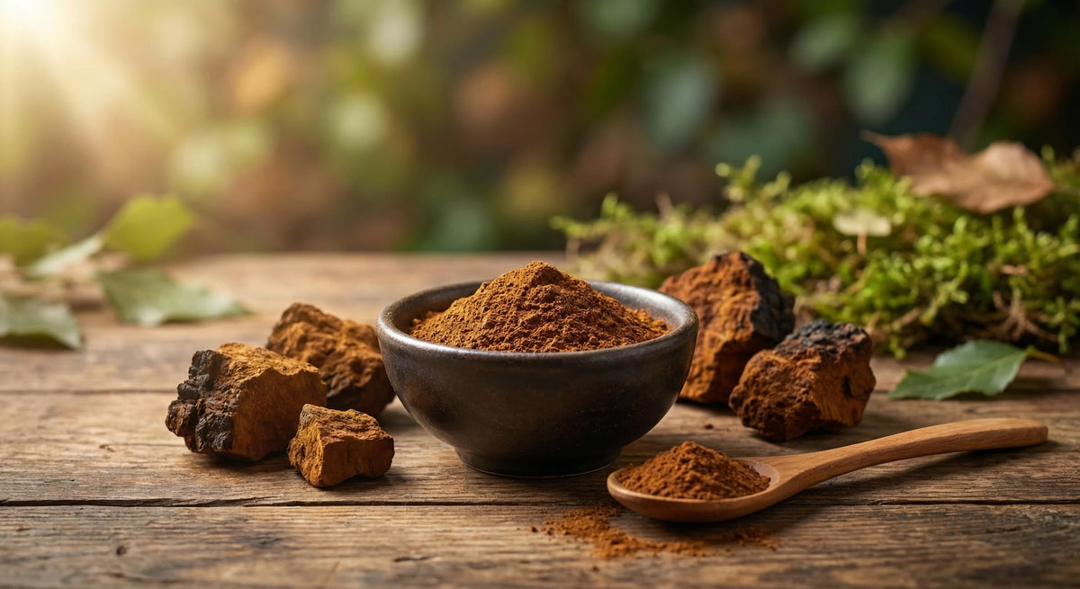 Chaga en poudre dans un bol en céramique avec des morceaux de chaga brut sur une surface en bois