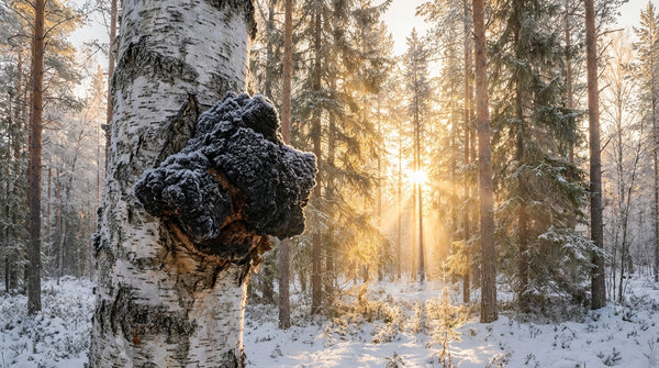 Chaga (Inonotus obliquus) poussant sur un bouleau dans une forêt boréale sibérienne enneigée