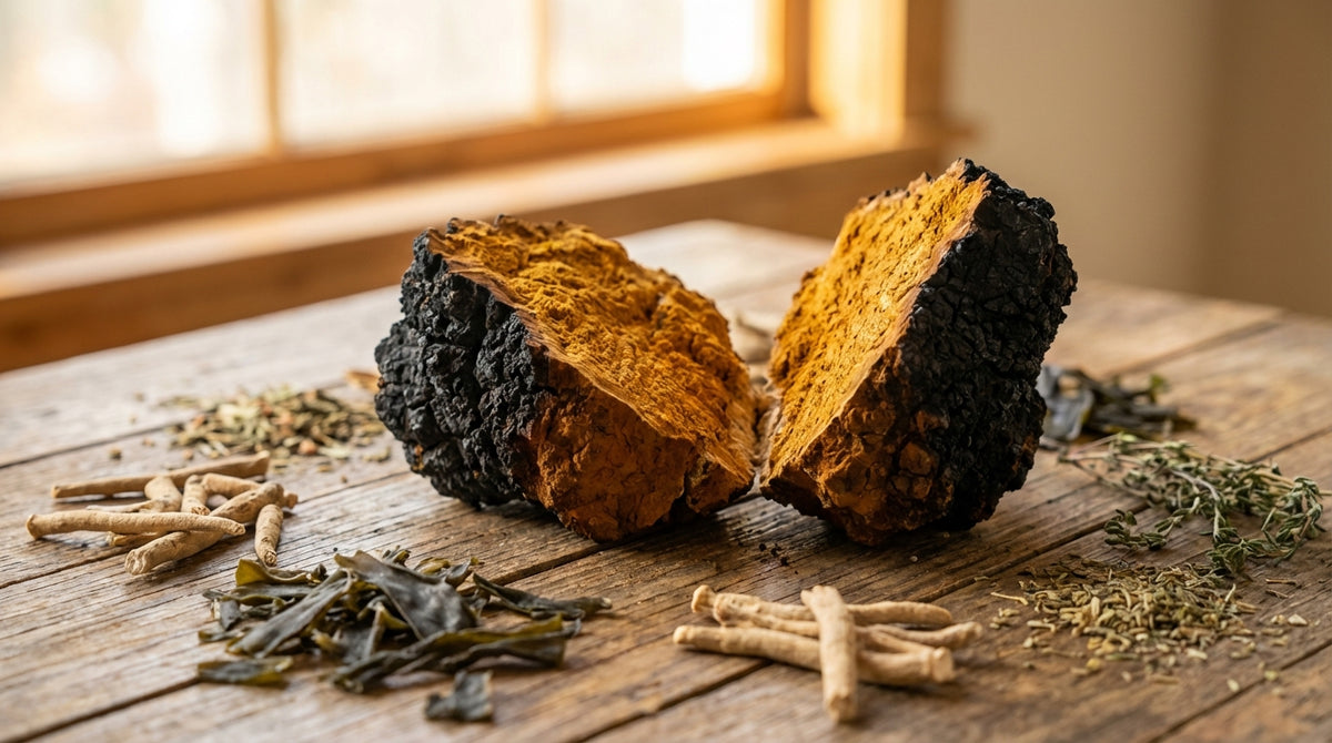 Chaga et thyroïde : champignon Chaga sur surface en bois avec herbes naturelles