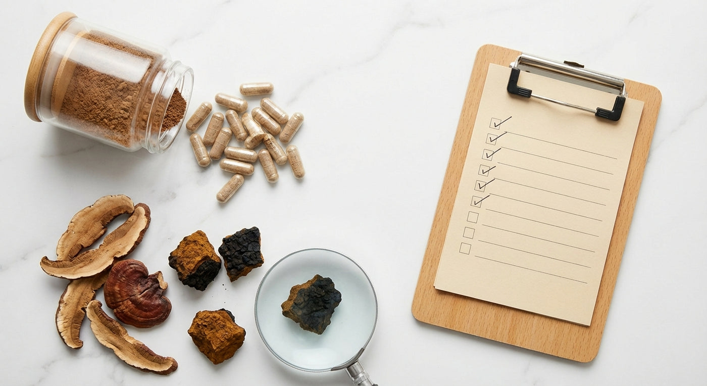 Champignons adaptogènes et sécurité : poudres, gélules et champignons séchés sur fond clair