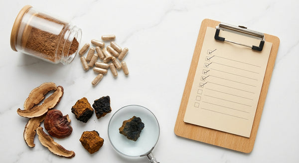 Champignons adaptogènes et sécurité : poudres, gélules et champignons séchés sur fond clair