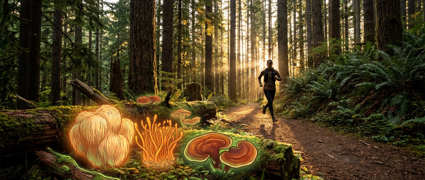 Champignons adaptogènes pour le sport d'endurance - trail running en forêt
