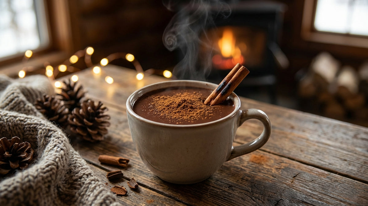 Chocolat chaud au Chaga dans une tasse sur une table en bois, ambiance hivernale chaleureuse