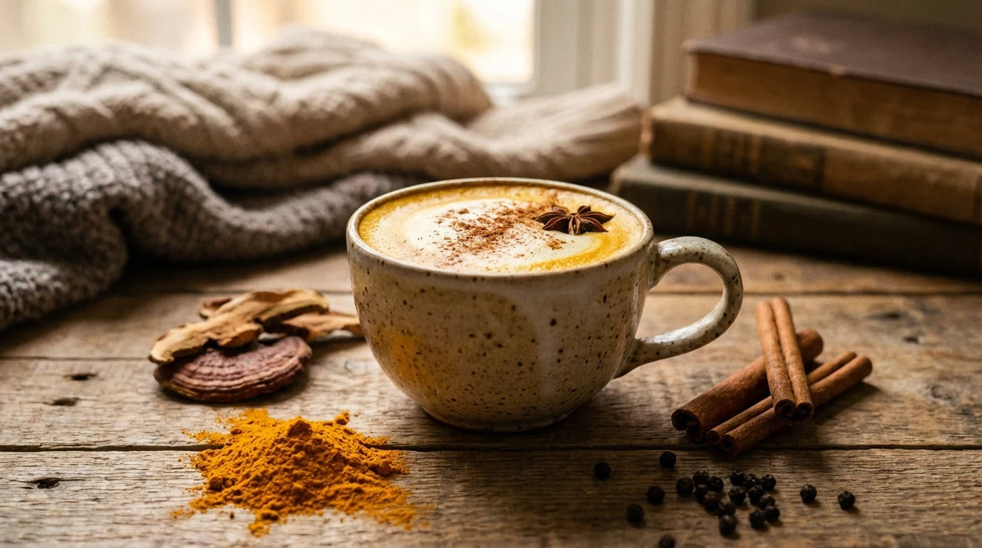 Golden milk au Reishi et curcuma dans une tasse rustique avec épices