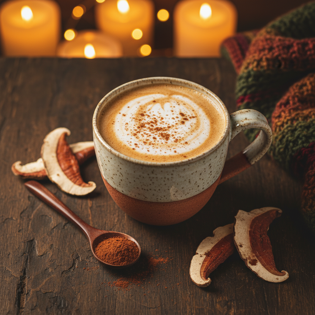 Latte au Reishi crémeux dans une tasse en céramique, ambiance cozy du soir avec bougies et poudre de Reishi