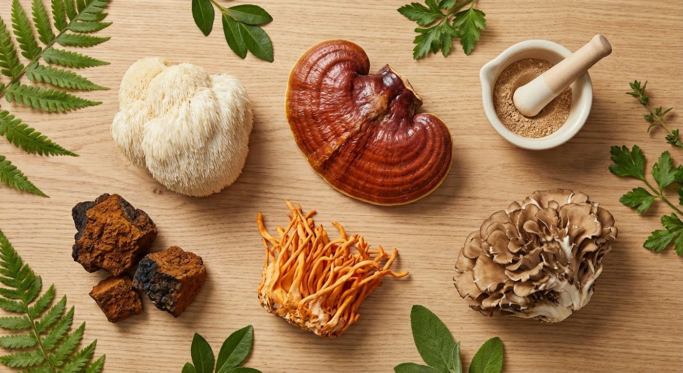 Les 5 meilleurs champignons adaptogènes pour la concentration et la mémoire - Lion's Mane, Reishi, Cordyceps, Chaga, Maitake
