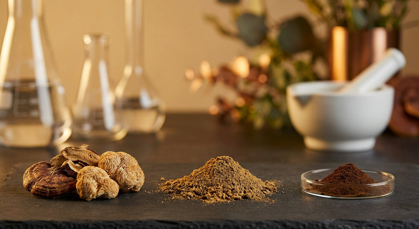 Illustration du ratio d'extraction des champignons adaptogènes : de la matière brute à l'extrait concentré