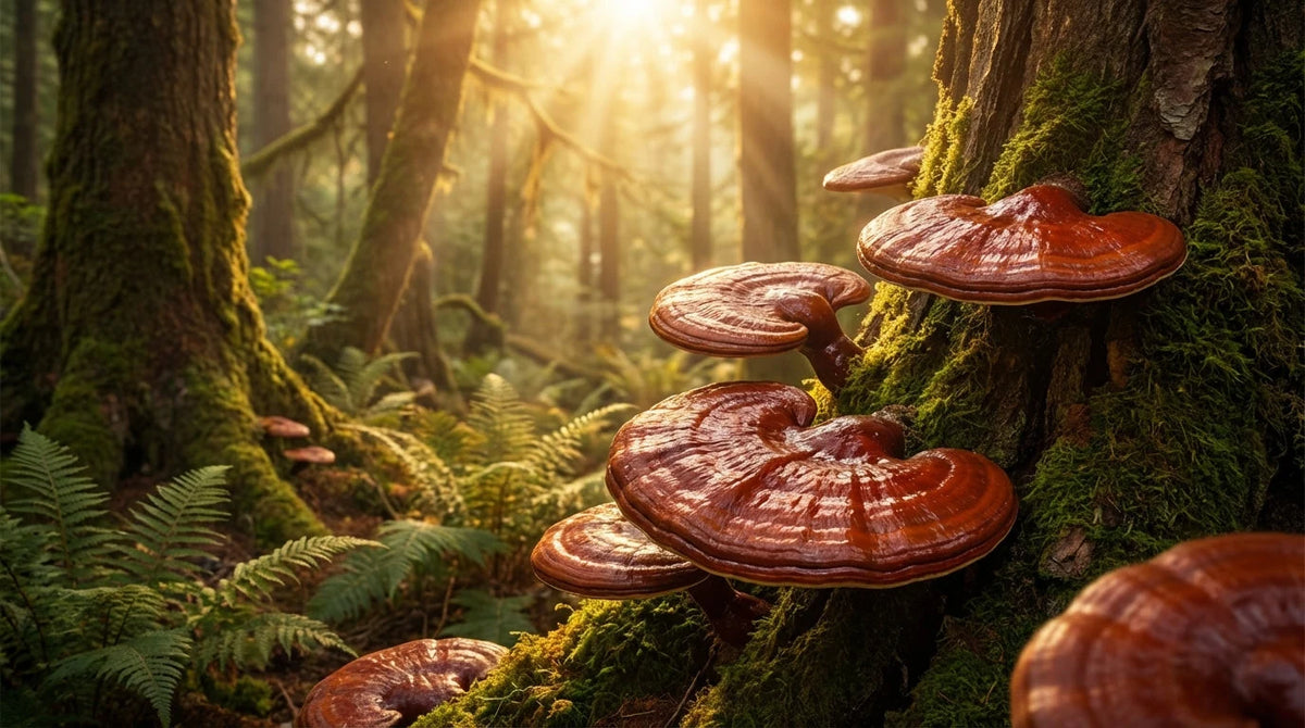 Champignon reishi (Ganoderma lucidum) rouge-brun dans un cadre naturel forestier