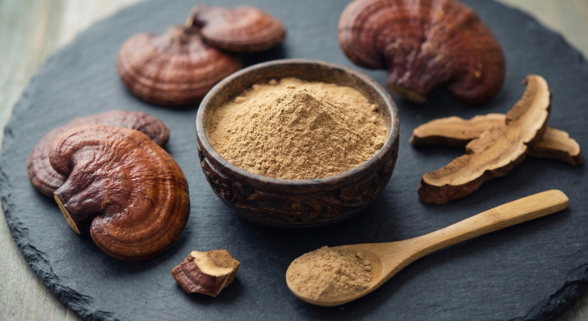 Reishi en poudre dans un bol en bois avec des champignons Reishi séchés - Guide complet SporeLife