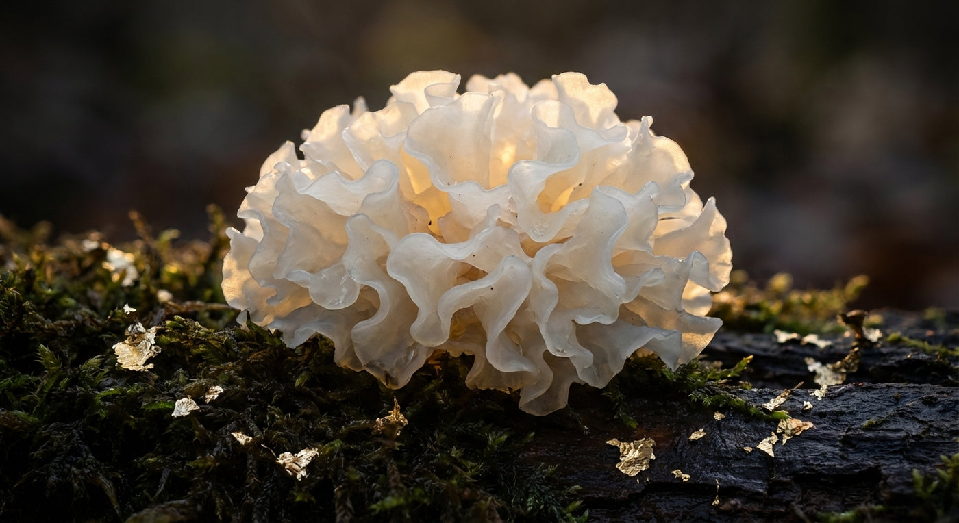 Tremella fuciformis, champignon blanc gélatineux utilisé pour ses propriétés hydratantes