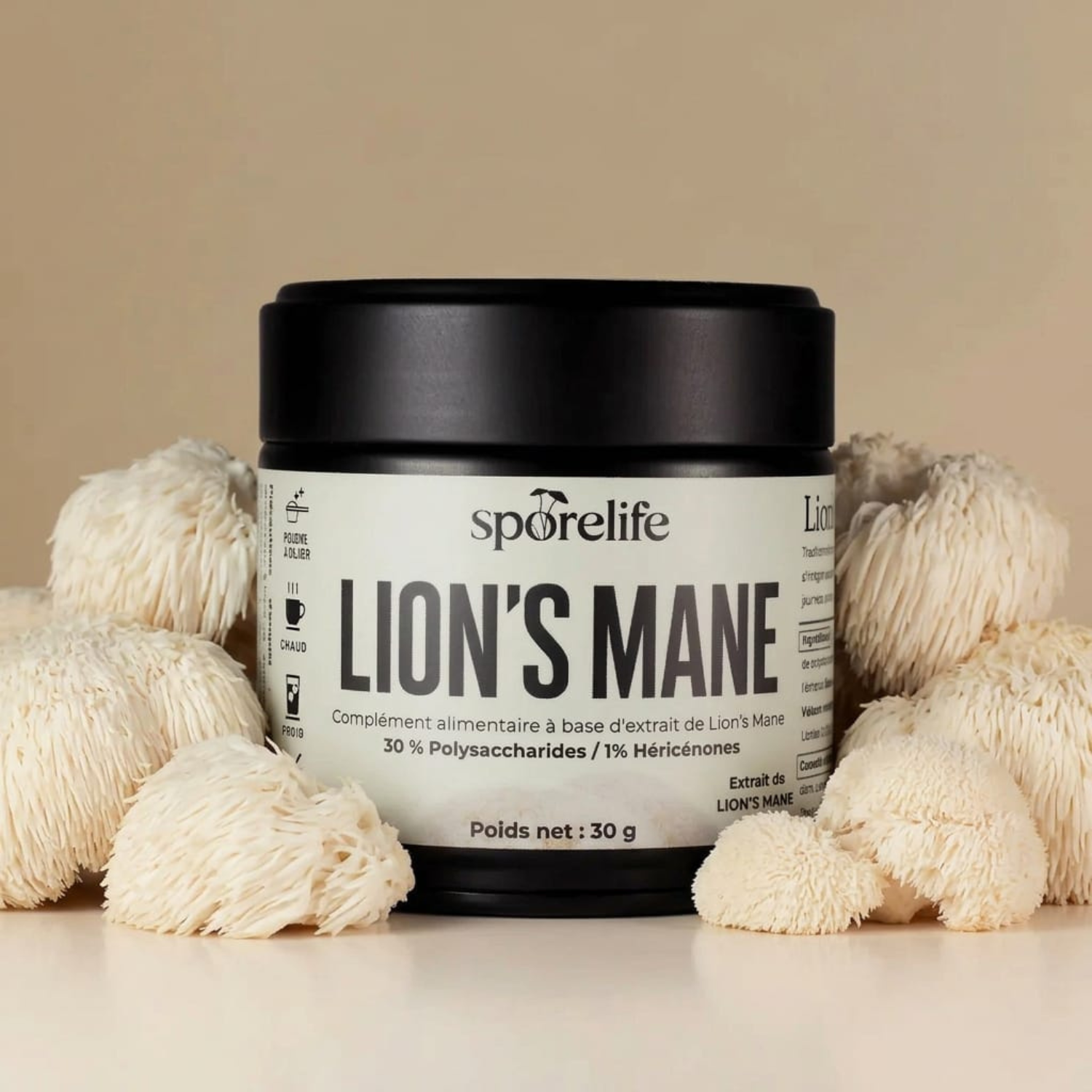 Pot de poudre de Lion's Mane SporeLife 30g — extrait 15:1 fruiting body concentration mémoire