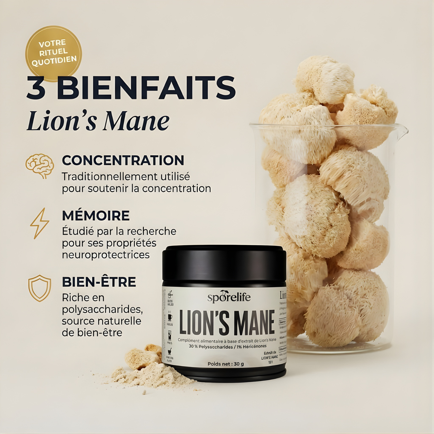 Latte au Lion's Mane dans bol avec poudre fine — NGF concentration clarté mentale SporeLife