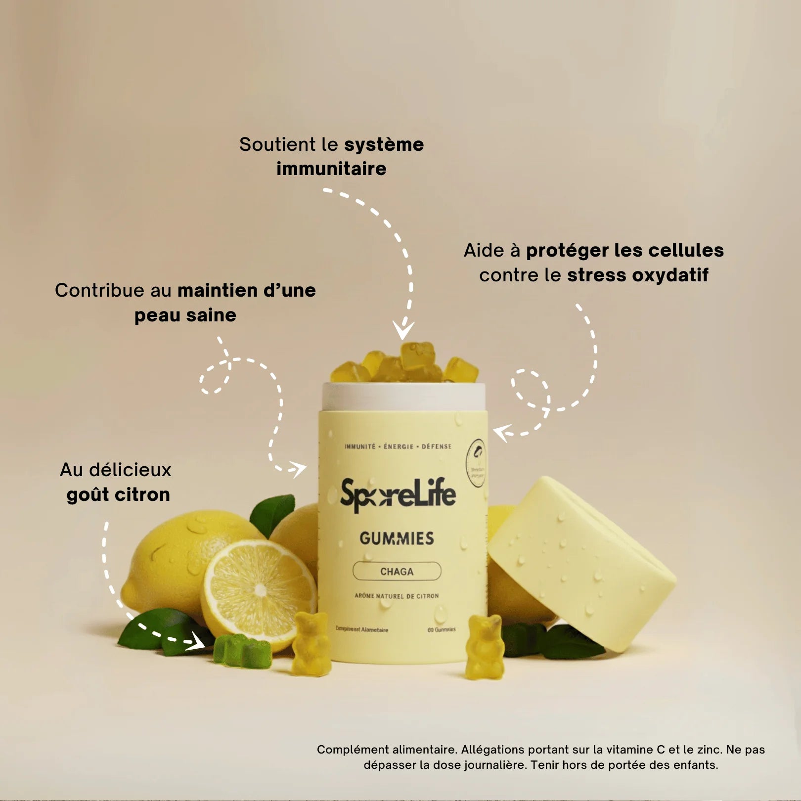 Infographie bienfaits Gummies Chaga SporeLife - immunité défense naturelle goût citron