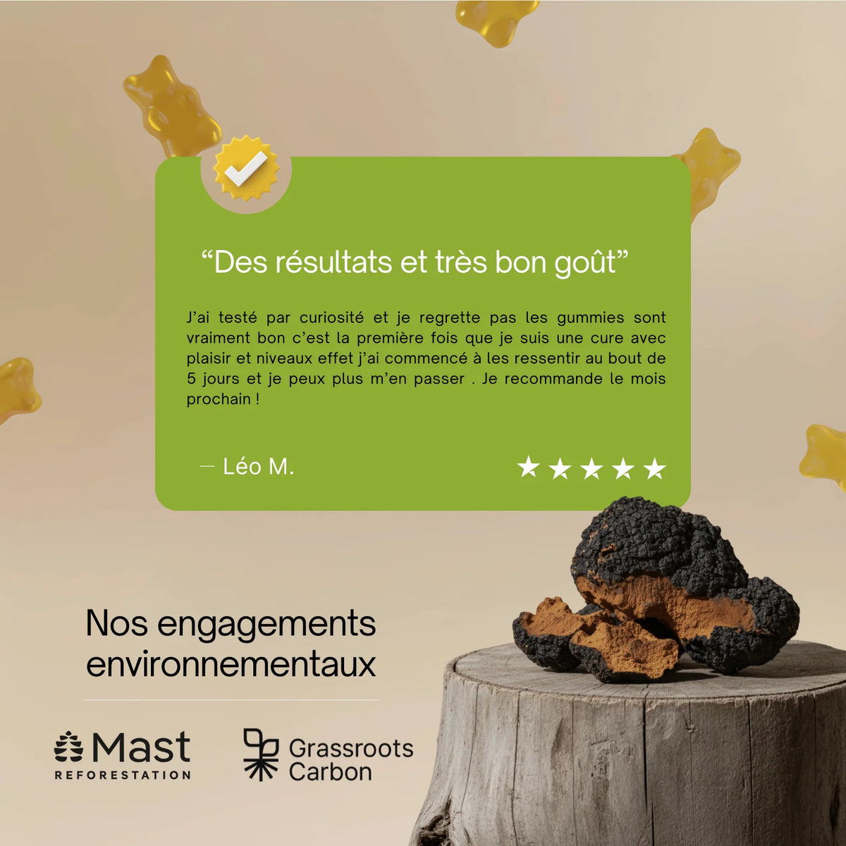 Avis client Gummies Chaga SporeLife 5 étoiles - résultats immunité engagements environnementaux