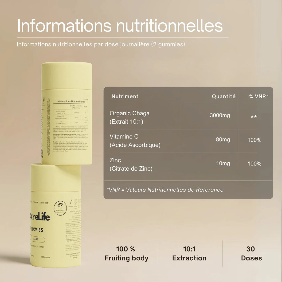 Informations nutritionnelles Gummies Chaga SporeLife - tableau valeurs extrait champignon 30 doses