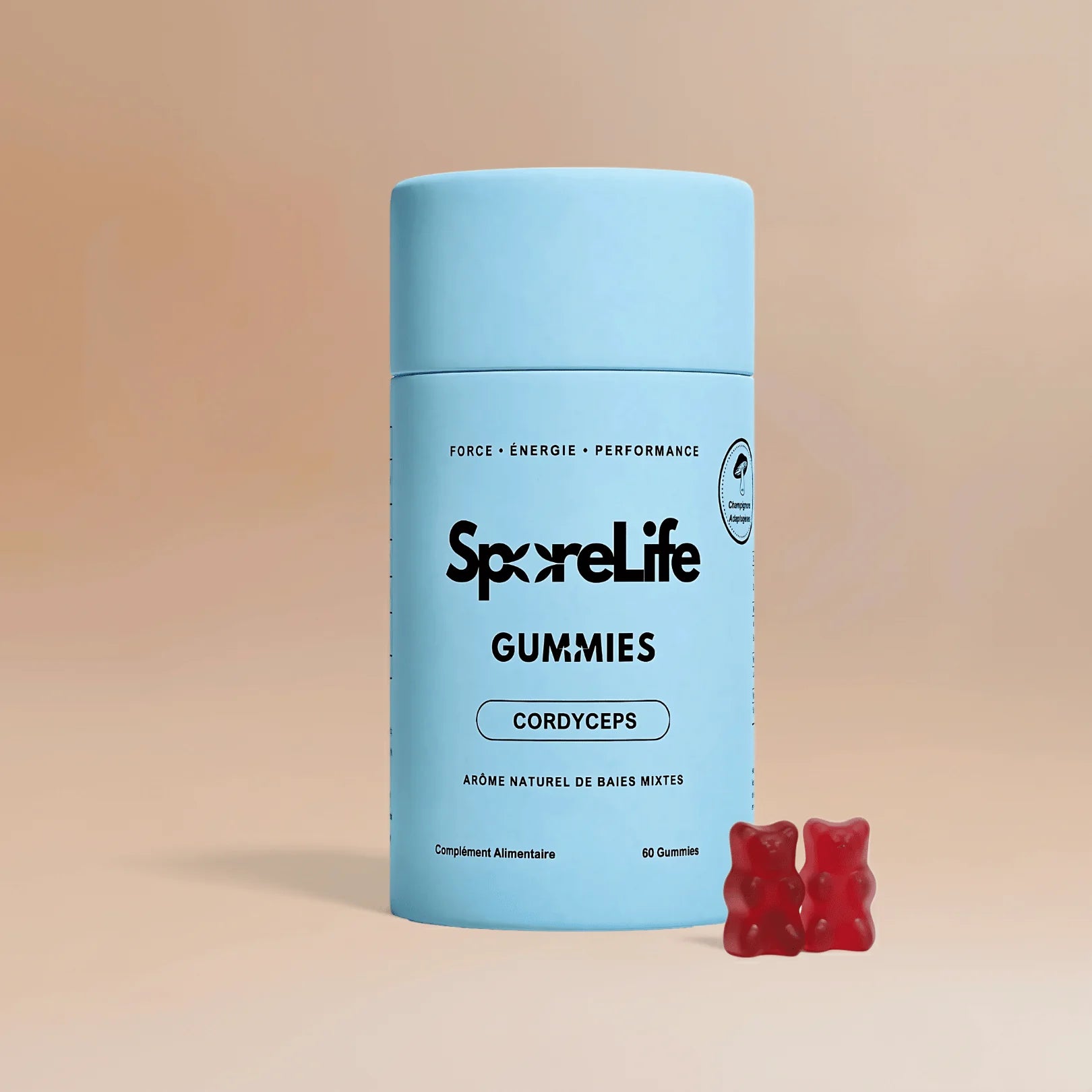 Pot de Gummies Cordyceps SporeLife 60 gummies arôme baies mixtes - force énergie performance