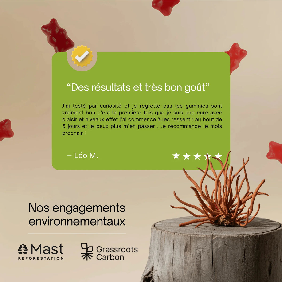Avis client Gummies Cordyceps SporeLife 5 étoiles - énergie stable engagements environnementaux