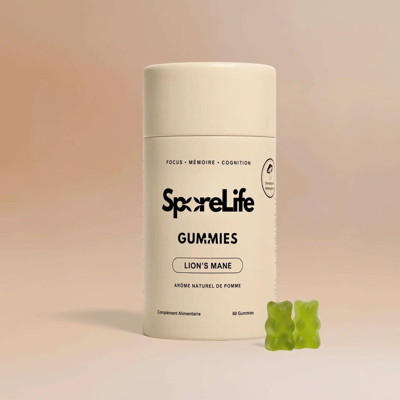 Pot de Gummies Lion's Mane SporeLife 60 gummies arôme pomme - focus mémoire cognition