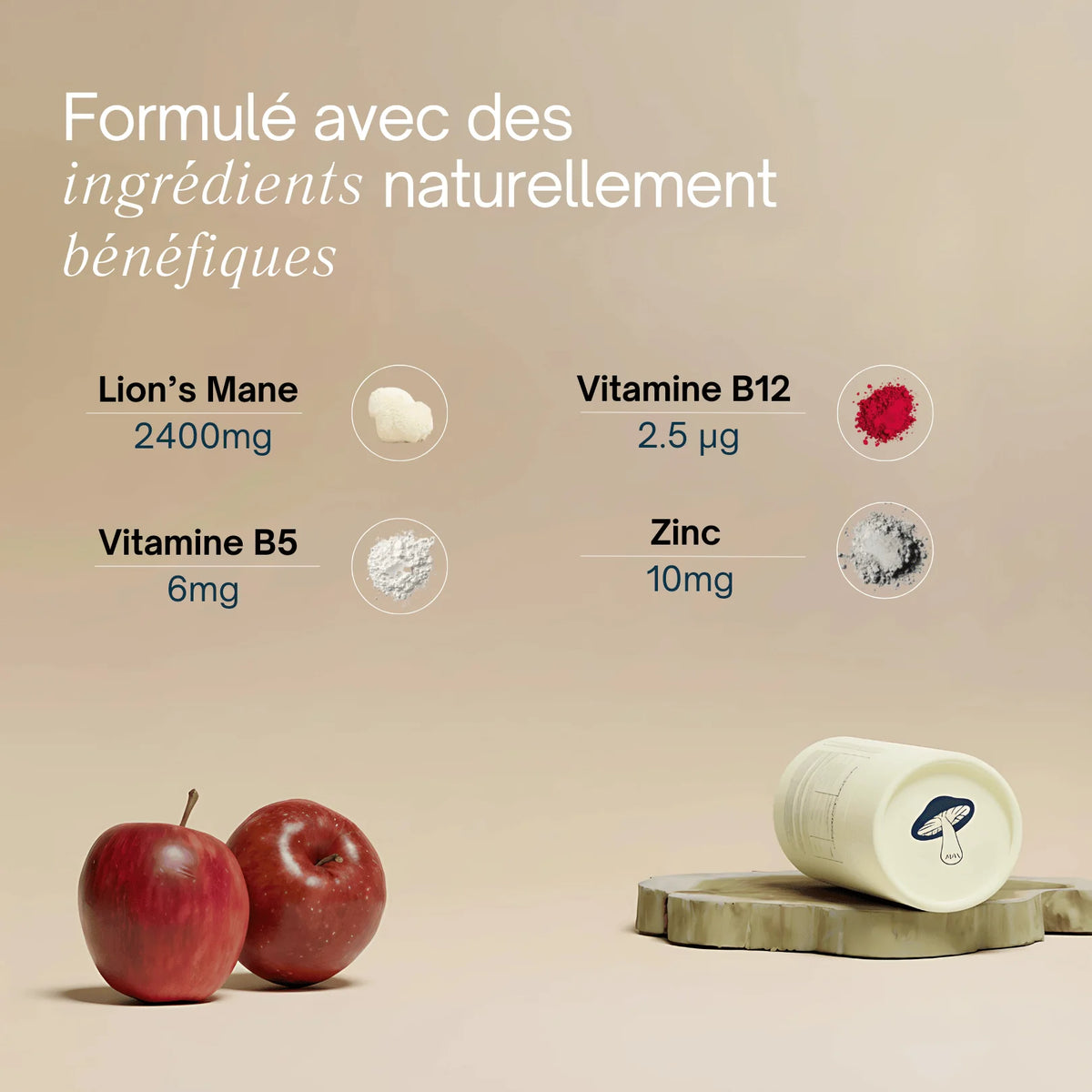 Composition Gummies Lion's Mane SporeLife - 2400mg Lion's Mane vitamine B5 B12 zinc ingrédients naturels