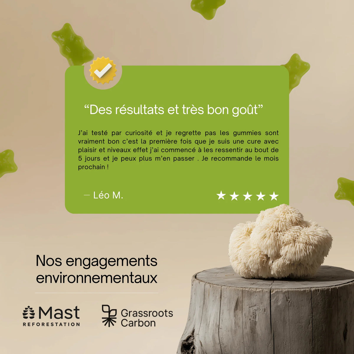 Avis client Gummies Lion's Mane SporeLife 5 étoiles - résultats et très bon goût engagements environnementaux