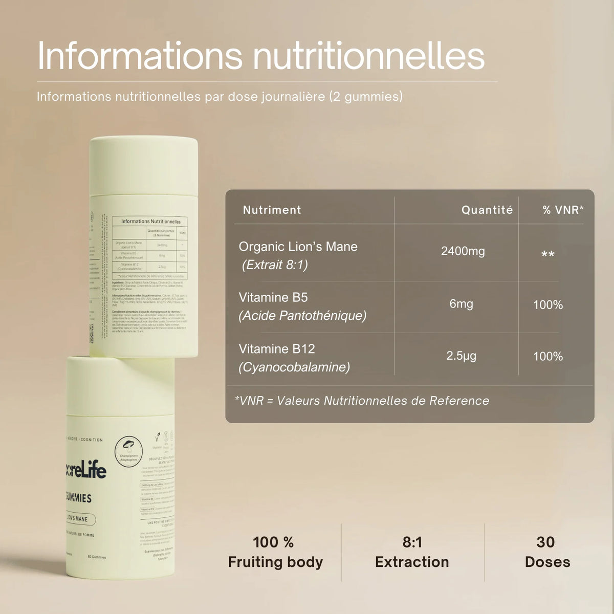 Informations nutritionnelles Gummies Lion's Mane SporeLife - tableau valeurs 2400mg extrait 8:1 fruiting body 30 doses