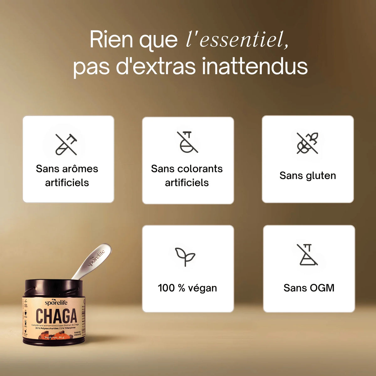 Pot ouvert Chaga SporeLife avec cuillère - sans arômes artificiels végan sans gluten sans OGM
