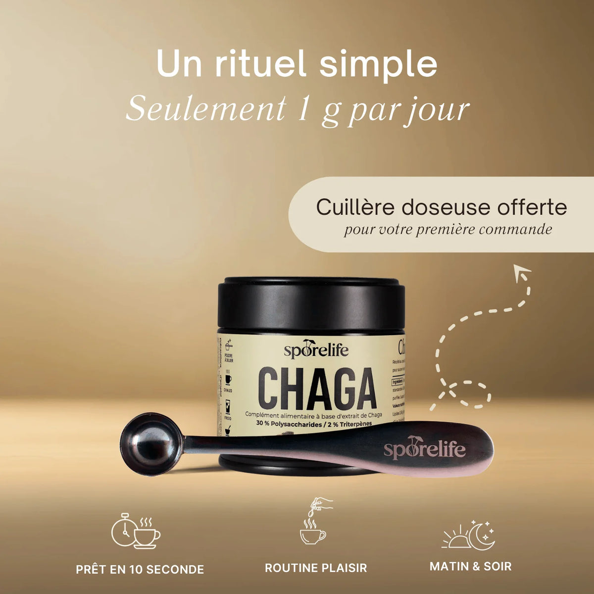 Pot de Chaga SporeLife avec cuillère doseuse offerte - rituel simple 1g par jour matin et soir