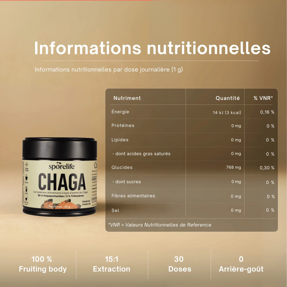 Informations nutritionnelles Chaga SporeLife - tableau valeurs extrait 15:1 fruiting body 30 doses