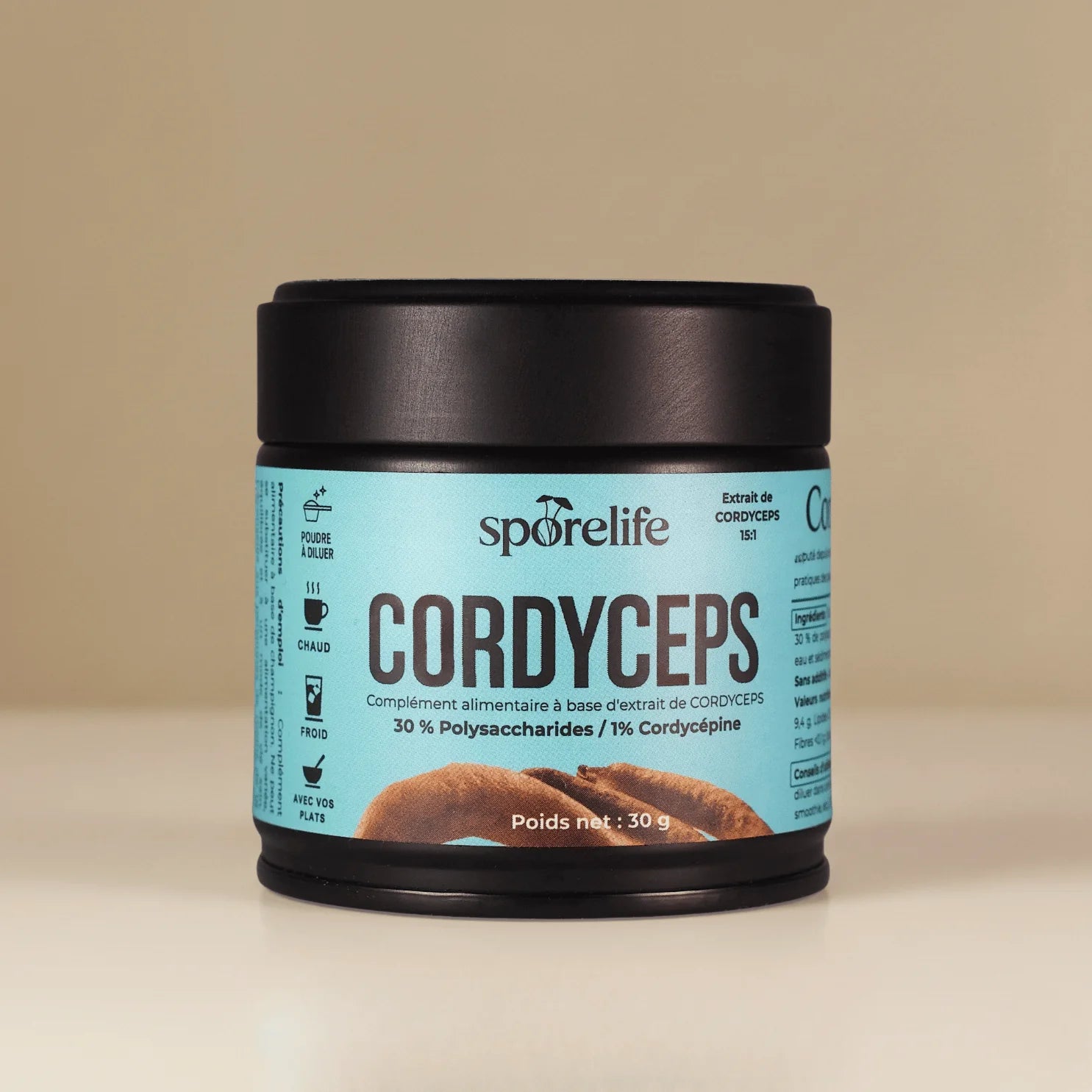 Pot de poudre de Cordyceps SporeLife 30g - extrait 15:1 énergie et endurance