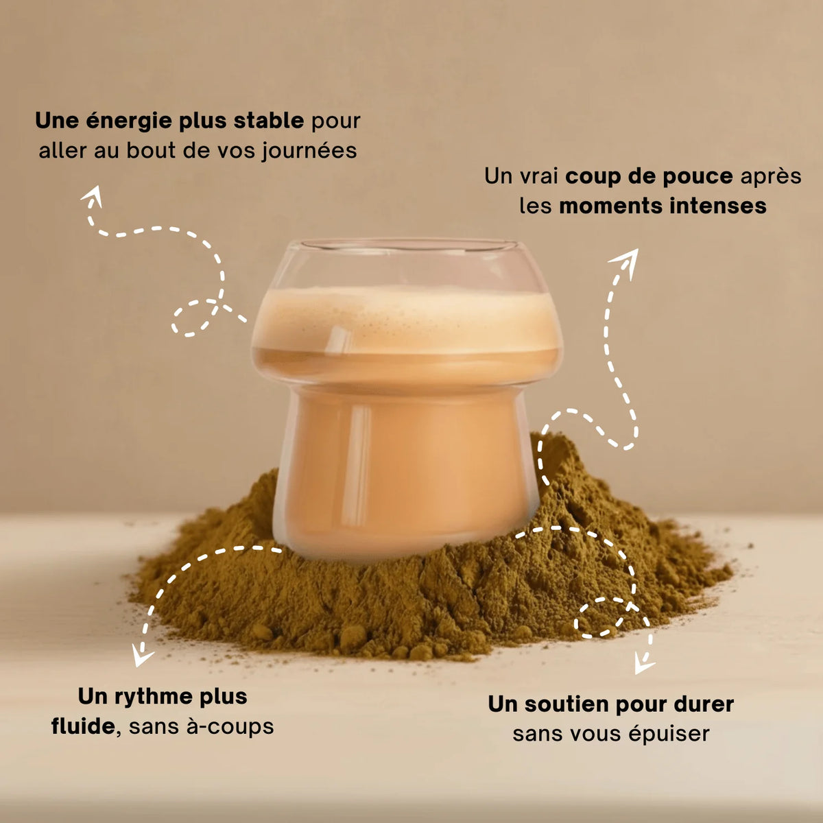 Latte au Cordyceps dans verre champignon sur poudre - énergie stable sans crash SporeLife