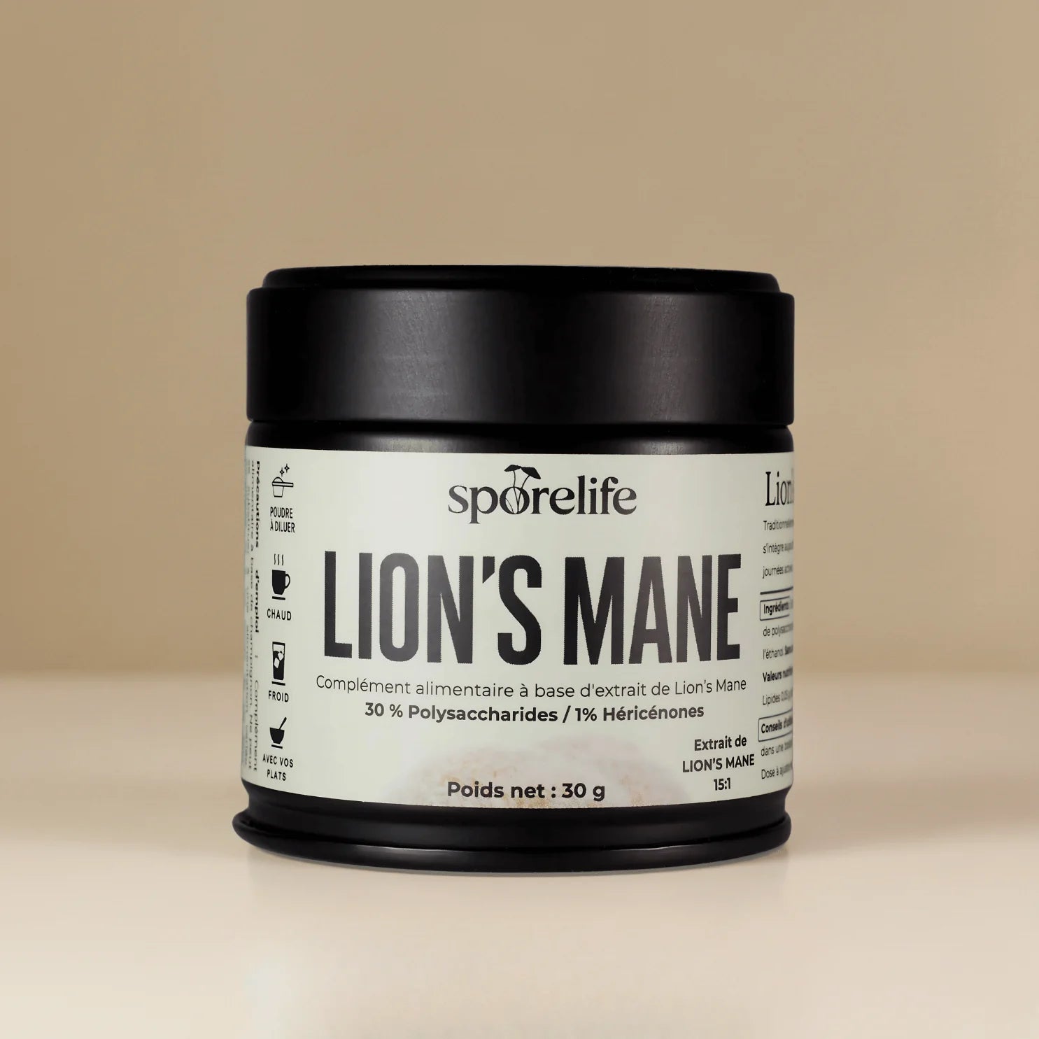 Pot de poudre de Lion's Mane SporeLife 30g - extrait 15:1 concentration et mémoire