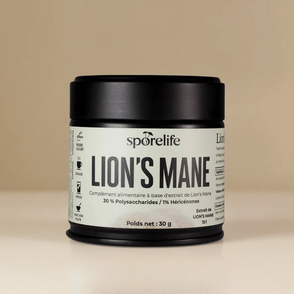 Pot de poudre de Lion's Mane SporeLife 30g - extrait 15:1 concentration et mémoire