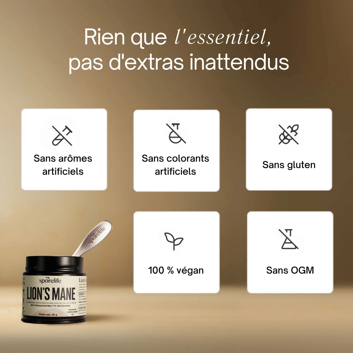 Pot ouvert Lion's Mane SporeLife avec cuillère - sans arômes artificiels végan sans gluten sans OGM
