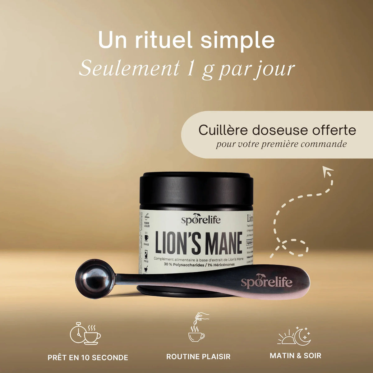 Pot de Lion's Mane SporeLife avec cuillère doseuse offerte - rituel simple 1g par jour matin et soir