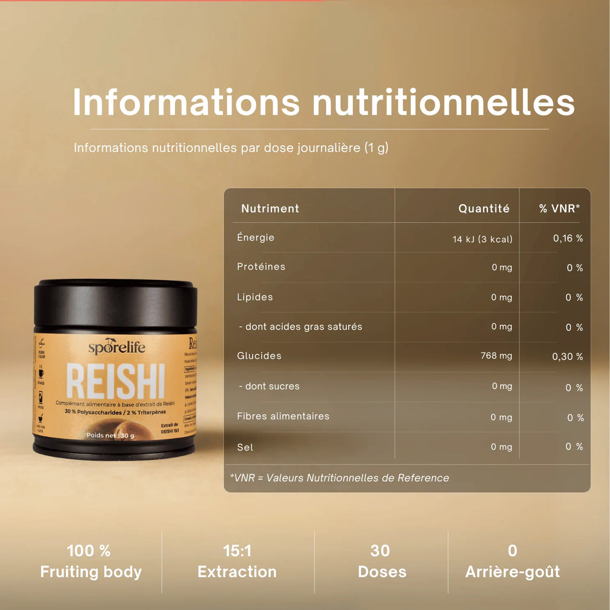 Informations nutritionnelles Reishi SporeLife - tableau valeurs extrait 15:1 fruiting body 30 doses